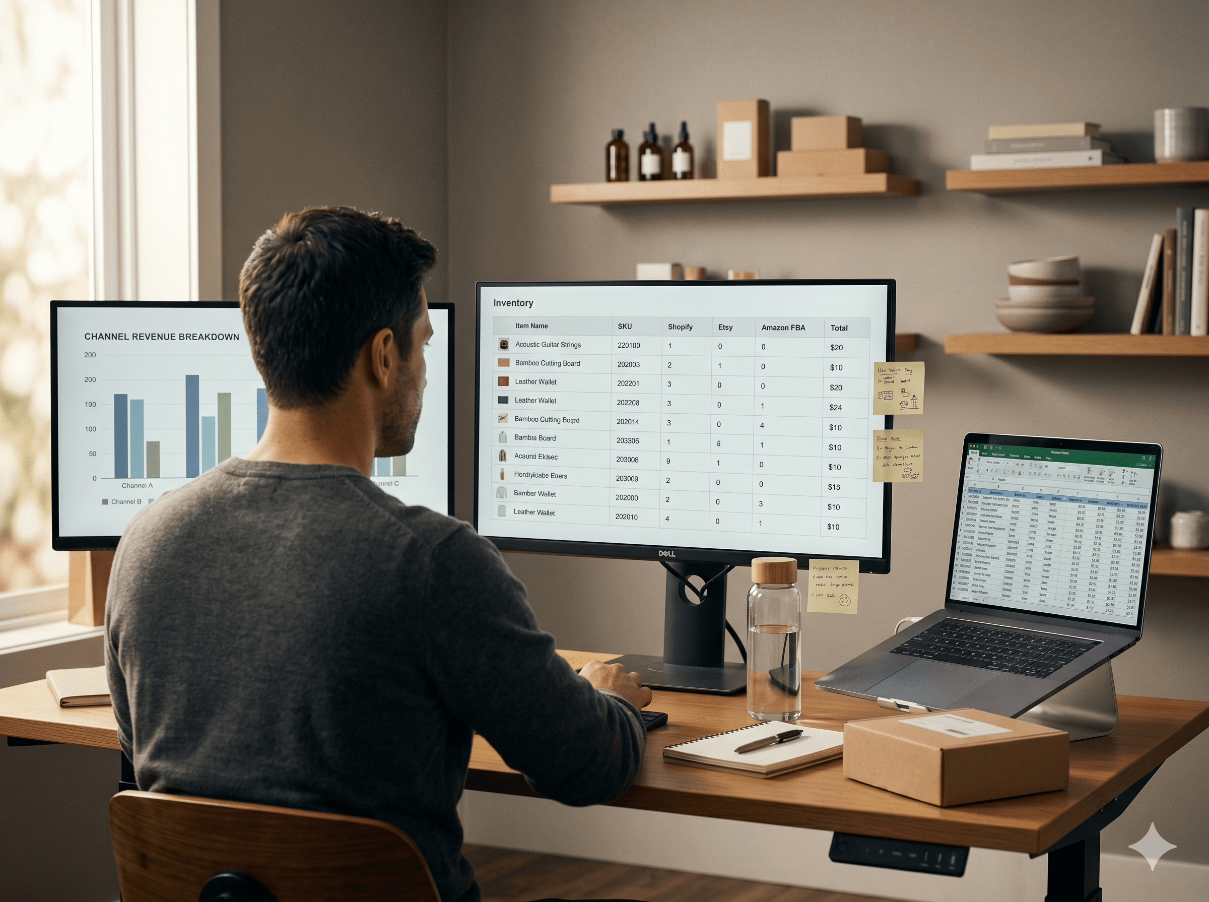 Multi-channel ecommerce consultant reviewing channel inventory and order routing architecture