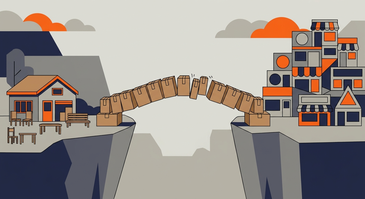 Illustration of a cardboard box bridge between a workshop and a marketplace, sagging in the middle.