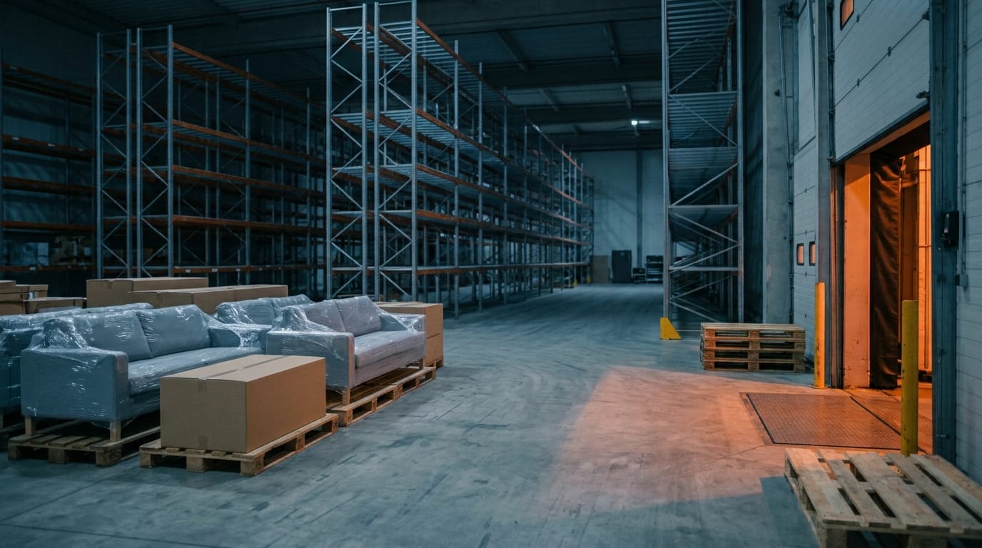 Wrapped furniture on pallets in a quiet warehouse, with light coming through an open loading dock door.